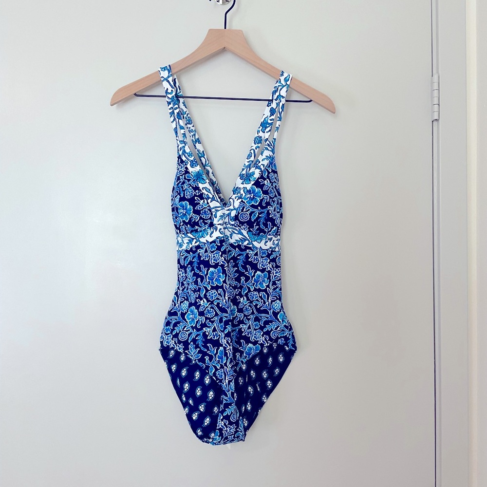 Tommy Bahama Woodblock Reversible One Piece Swimsuit in Blue Floral Pattern